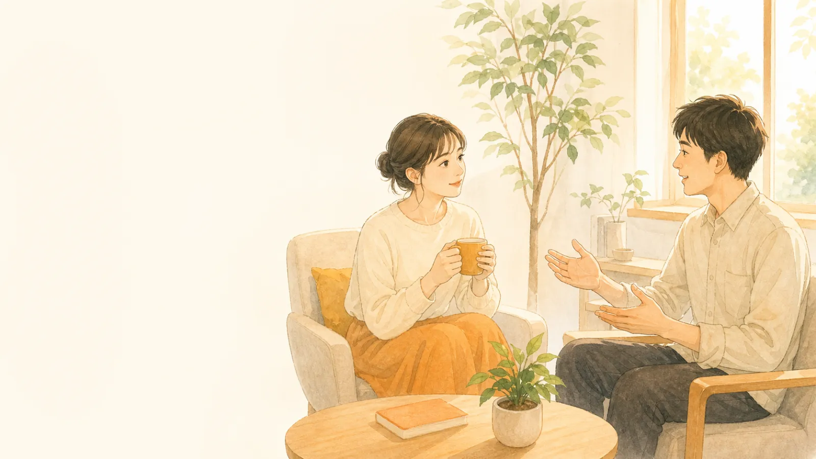 明るい部屋で向かい合って対話するふたりのイラスト