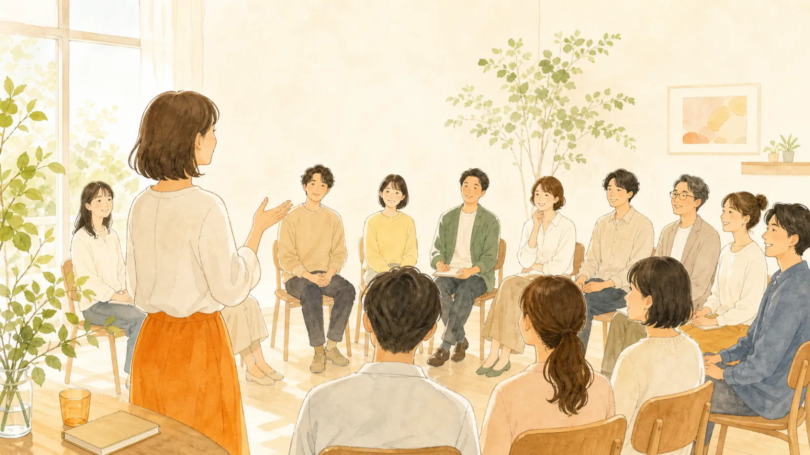 セミナールームで講師の話を聴く参加者たちのイラスト