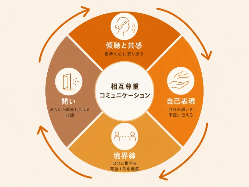 相互尊重コミュニケーションの4つの原則(傾聴と共感・自己表現・境界線・問い)を示す円環図